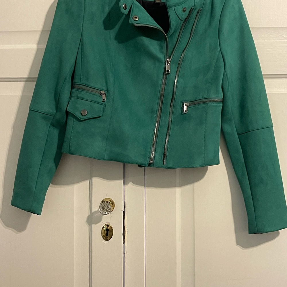 Banana Republic Green Leather Moto Jacket Asymmetrical Design